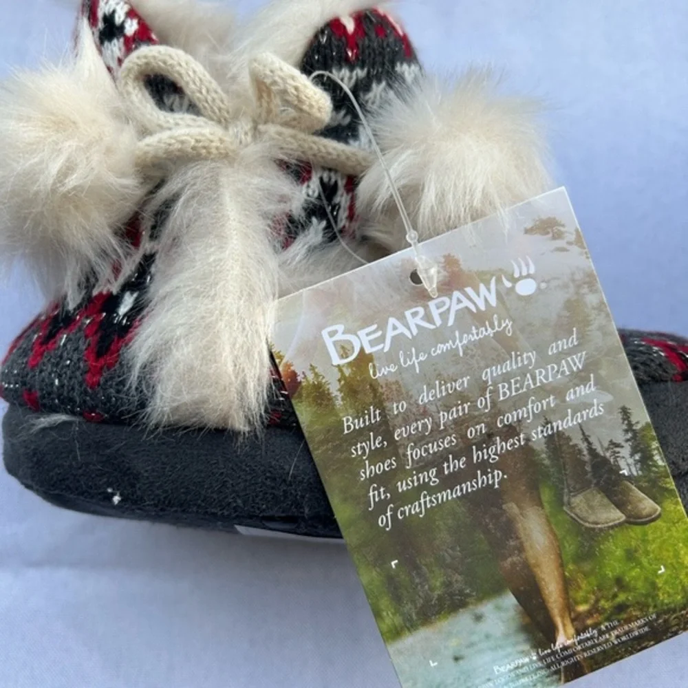 Bearpaw Kinsley Youth Slippers Red Holiday Fair Isle Knit Faux Fur Bootie 2640YB